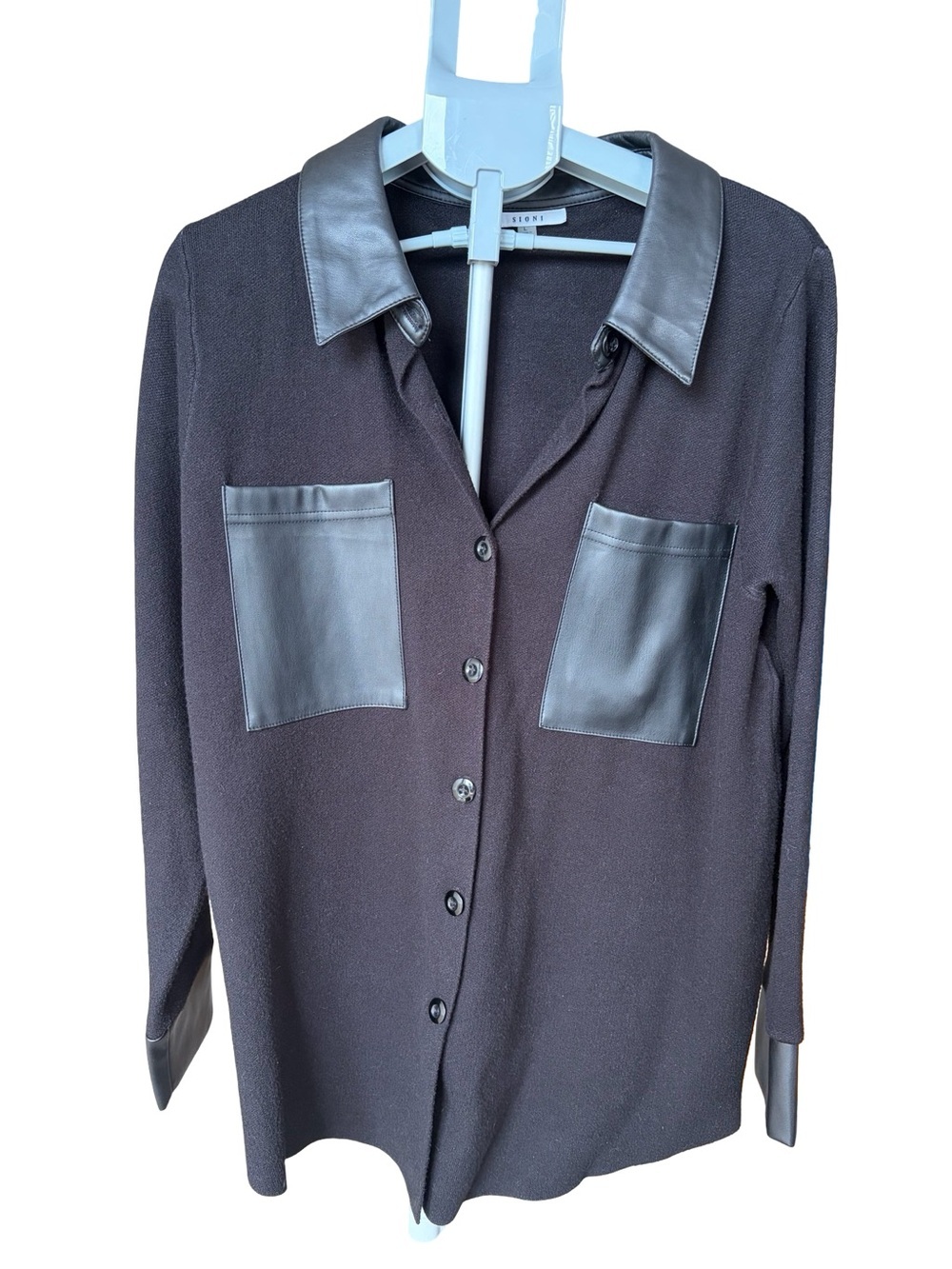 Sioni Black Button-Front Sweater with Faux Leather Trim